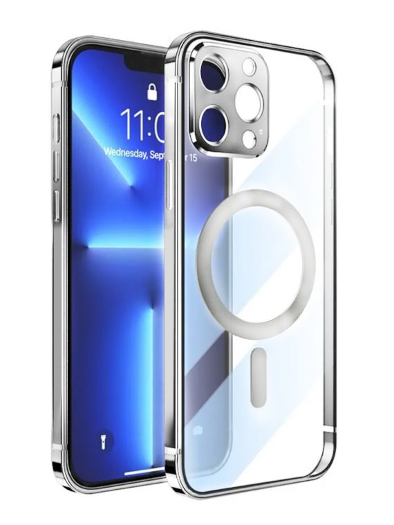 etui do iphone 13 pro max blue elite skin ultra cienkie, krystalicznie czyste z metalową ramką, srebrny magsafe