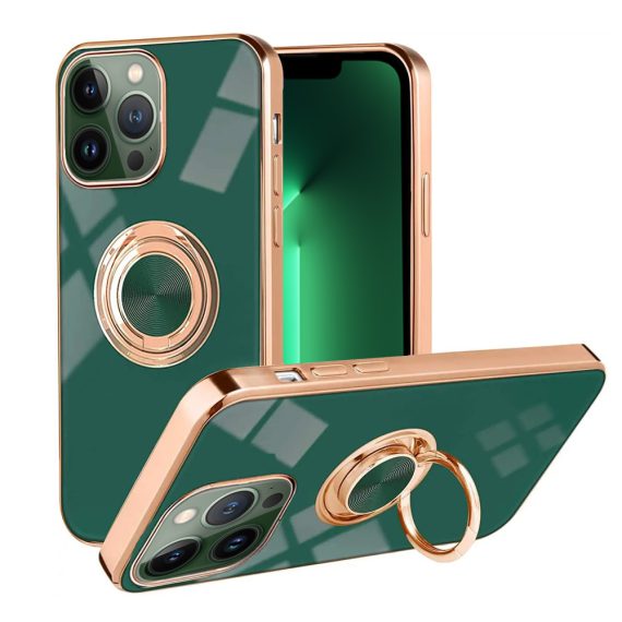 Etui do iPhone 13 Pro Max eleganckie, ze złotym, metalowych uchwytem i zdobieniami, zielone