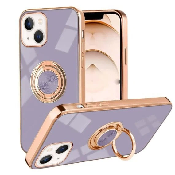 Etui do iPhone 13 eleganckie, ze złotym, metalowym uchwytem i zdobieniami, bez osłony na aparat, fioletowe liliowe