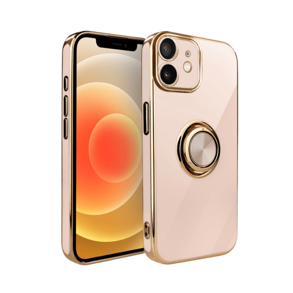 Etui do iPhone 12 Mini eleganckie, ze złotym, metalowym uchwytem i zdobieniami, osłona na aparat, pudrowy róż1