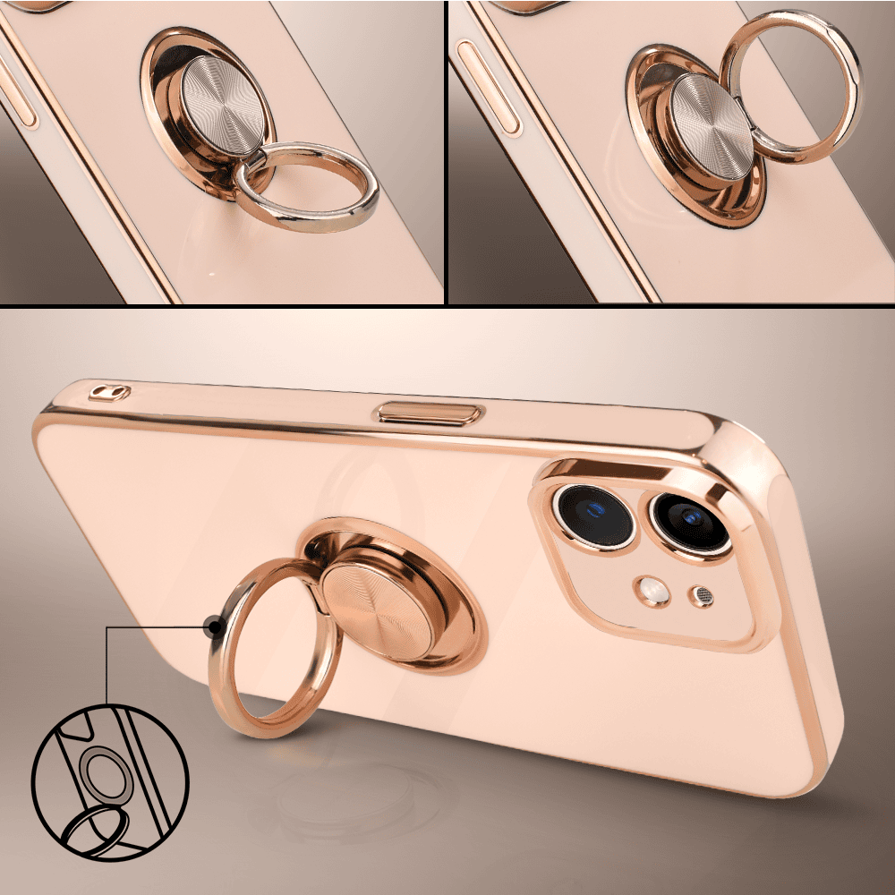 Etui do iPhone 12 Mini eleganckie, ze złotym, metalowym uchwytem i zdobieniami, osłona na aparat, pudrowy róż10