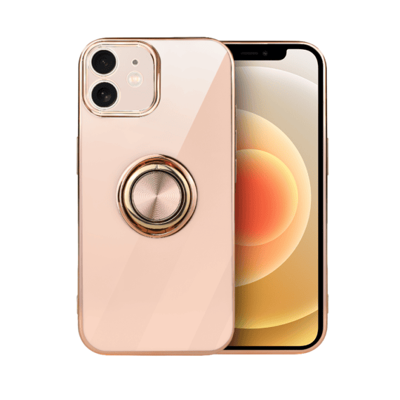 Etui do iPhone 12 Mini eleganckie, ze złotym, metalowym uchwytem i zdobieniami, osłona na aparat, pudrowy róż2