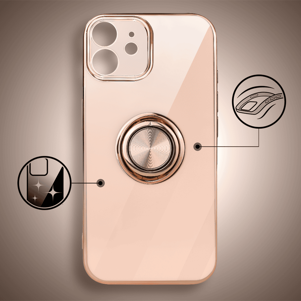 Etui do iPhone 12 Mini eleganckie, ze złotym, metalowym uchwytem i zdobieniami, osłona na aparat, pudrowy róż3