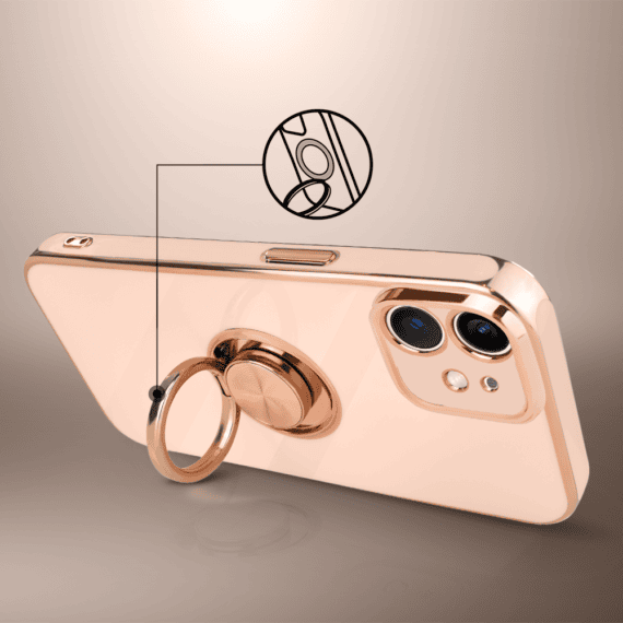 Etui do iPhone 12 Mini eleganckie, ze złotym, metalowym uchwytem i zdobieniami, osłona na aparat, pudrowy róż4