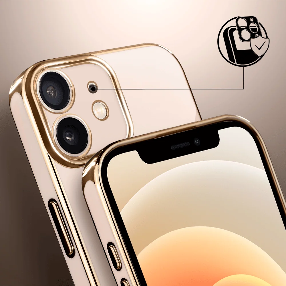 Etui do iPhone 12 Mini eleganckie, ze złotym, metalowym uchwytem i zdobieniami, osłona na aparat, pudrowy róż5