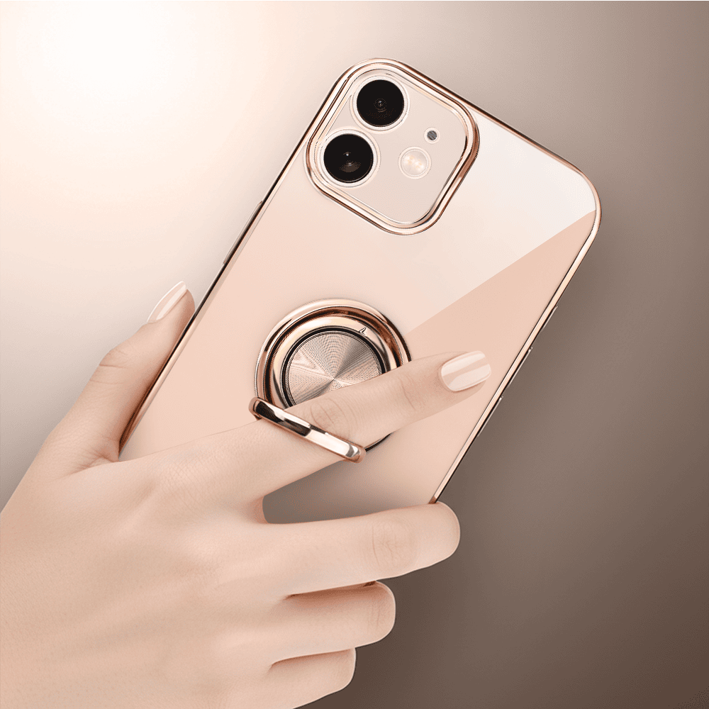 Etui do iPhone 12 Mini eleganckie, ze złotym, metalowym uchwytem i zdobieniami, osłona na aparat, pudrowy róż6