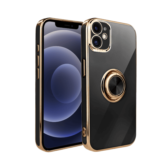 Etui do iPhone 12 eleganckie, ze złotym, metalowym uchwytem i zdobieniami, osłona na aparat, czarne1
