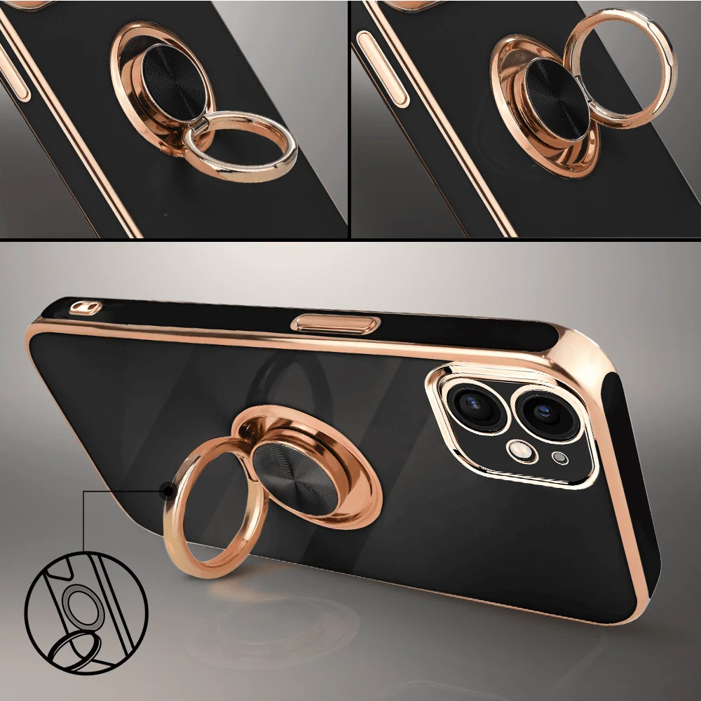 Etui do iPhone 12 eleganckie, ze złotym, metalowym uchwytem i zdobieniami, osłona na aparat, czarne10