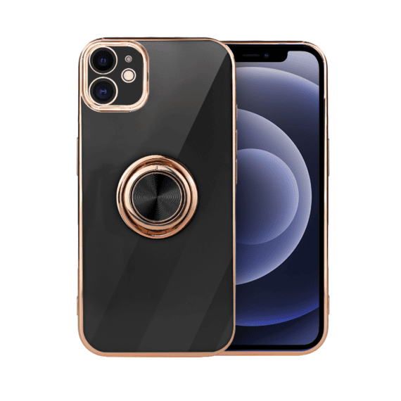 Etui do iPhone 12 eleganckie, ze złotym, metalowym uchwytem i zdobieniami, osłona na aparat, czarne2