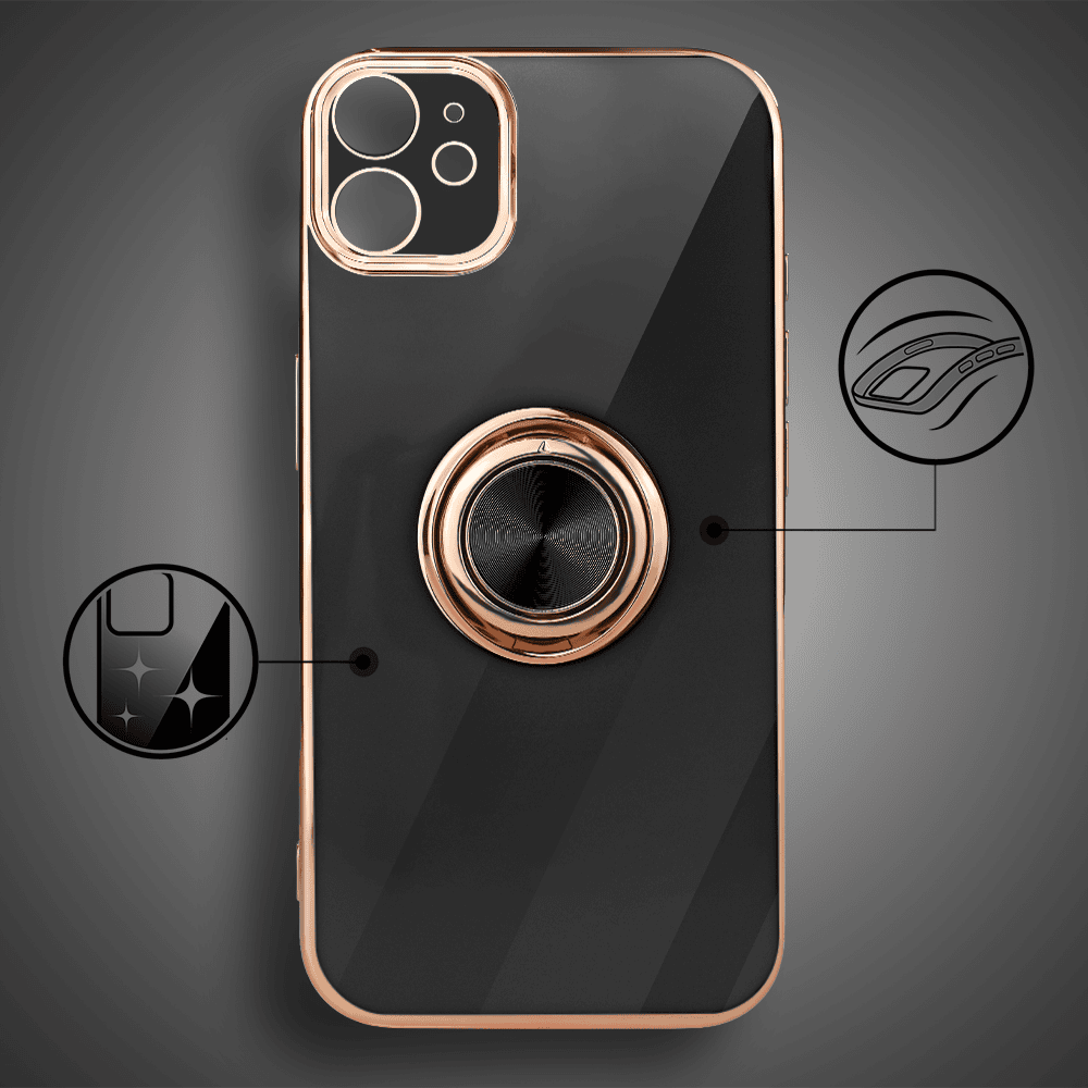 Etui do iPhone 12 eleganckie, ze złotym, metalowym uchwytem i zdobieniami, osłona na aparat, czarne3