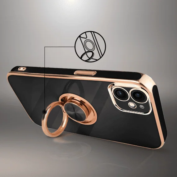 Etui do iPhone 12 eleganckie, ze złotym, metalowym uchwytem i zdobieniami, osłona na aparat, czarne4