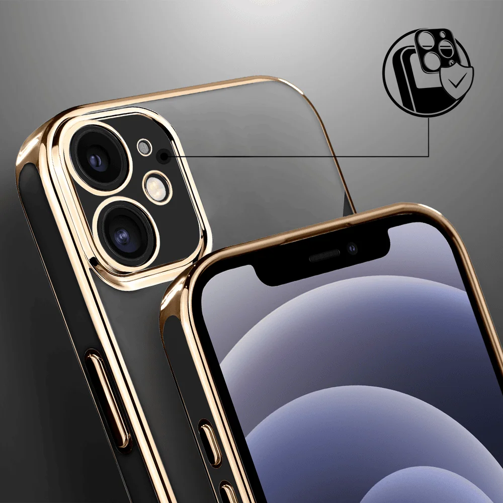 Etui do iPhone 12 eleganckie, ze złotym, metalowym uchwytem i zdobieniami, osłona na aparat, czarne5