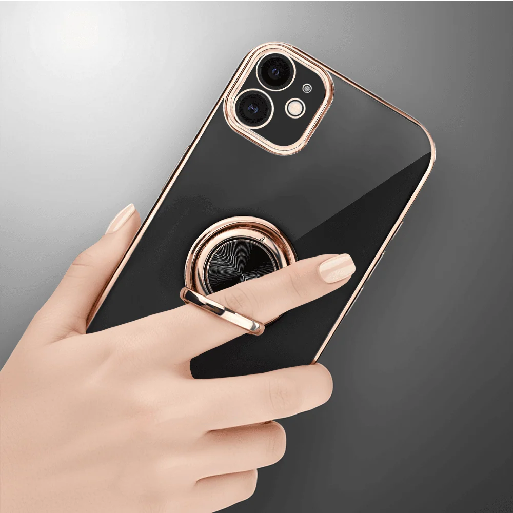 Etui do iPhone 12 eleganckie, ze złotym, metalowym uchwytem i zdobieniami, osłona na aparat, czarne6