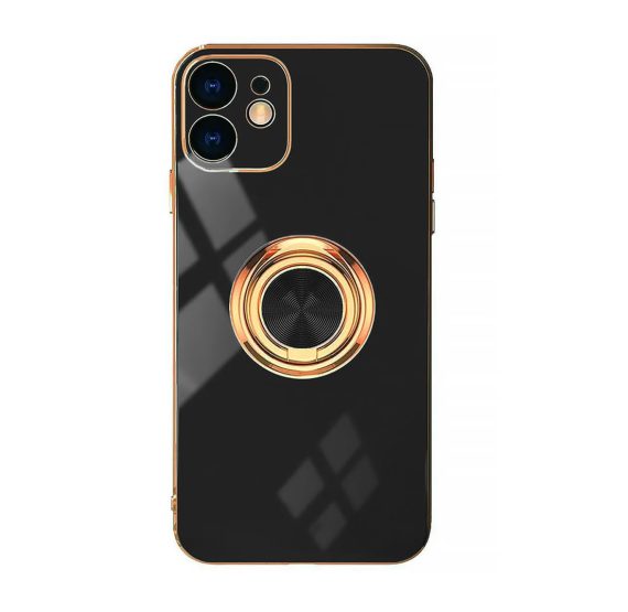 Etui do iPhone 11 eleganckie, ze złotym, metalowym uchwytem i zdobieniami, z osłoną na aparat, czarne