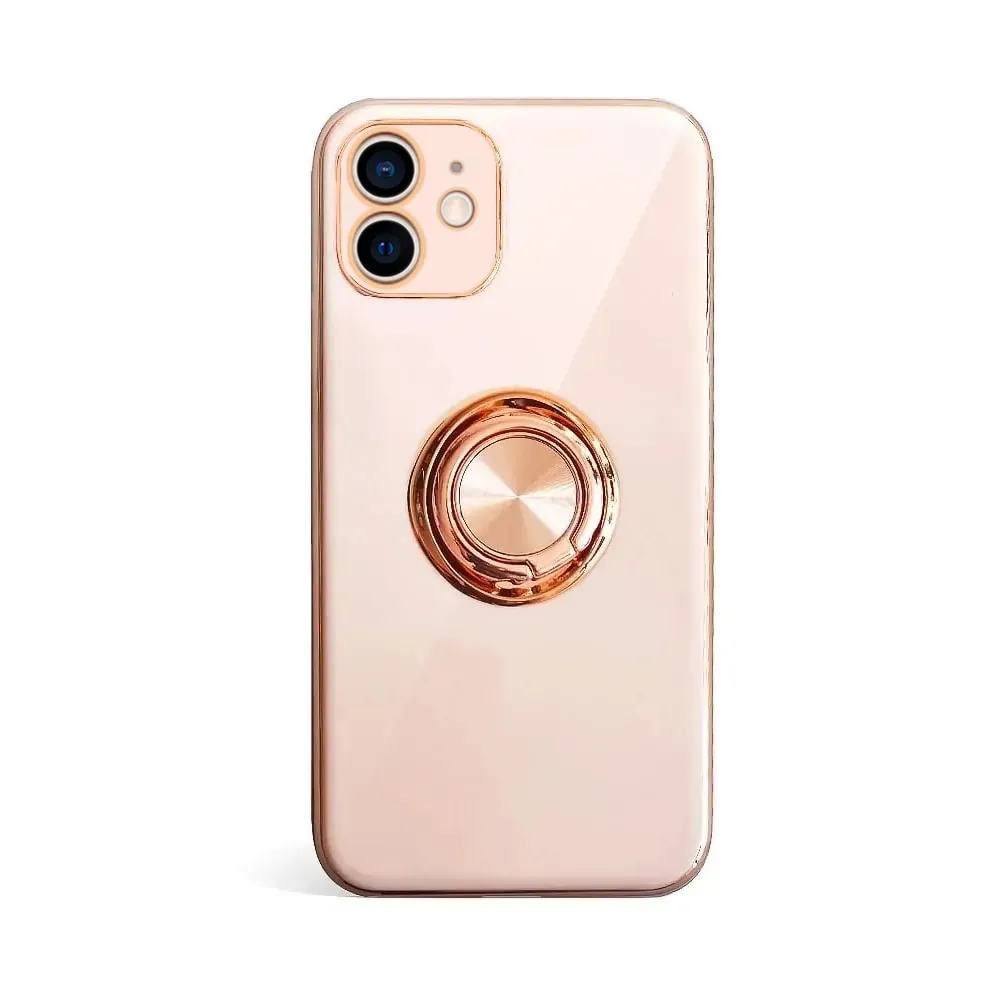 Etui do iPhone 12 Mini eleganckie, ze złotym, metalowym uchwytem i zdobieniami, osłona na aparat, pudrowy róż