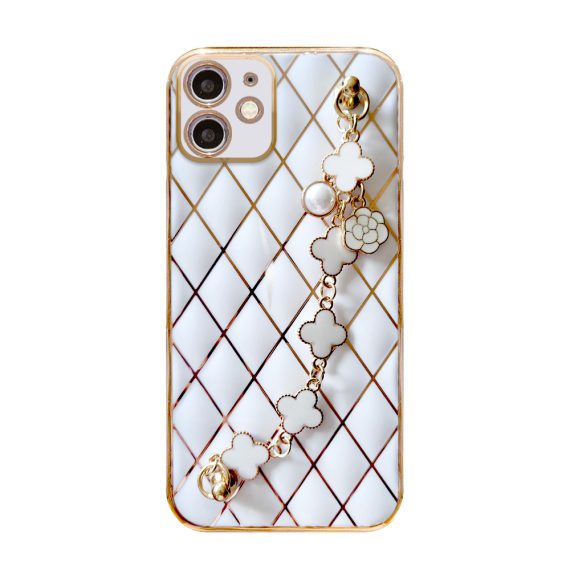 Etui do iPhone 12 białe alabastrowe ze złotym poszyciem w diamenty z łańcuszkiem