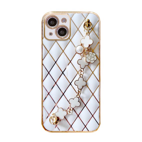 Etui do iPhone 13 białe alabastrowe ze złotym poszyciem w diamenty z łańcuszkiem