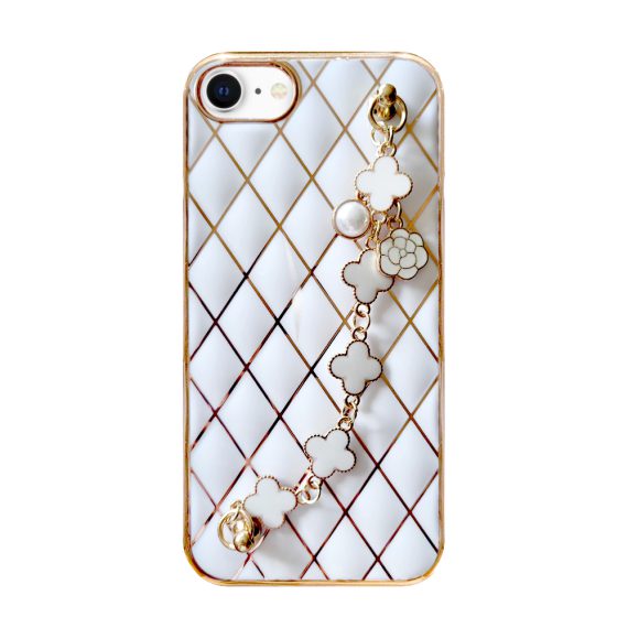 Etui do iPhone SE2022/SE2020/8/7 białe alabastrowe ze złotym poszyciem w diamenty z łańcuszkiem