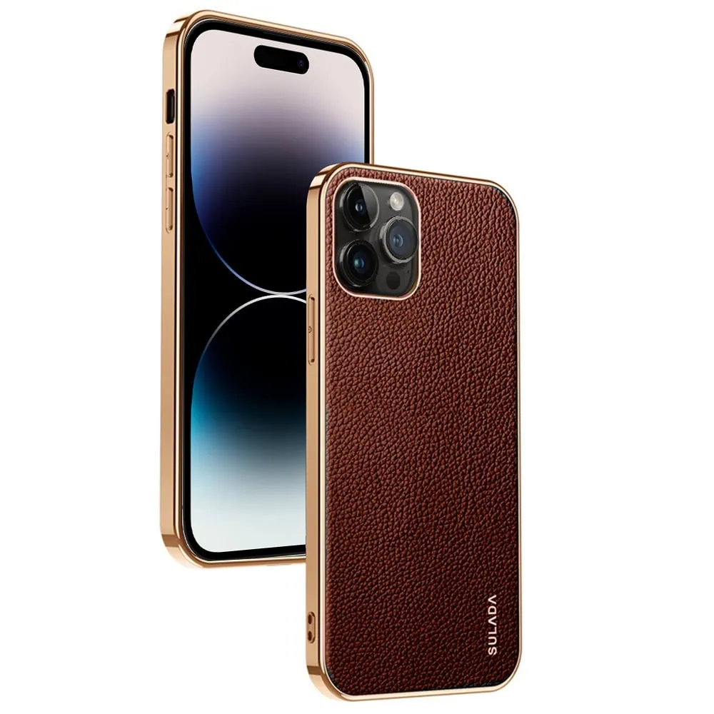 etui do iphone 14 pro eleganckie luksusowe skórzane brązowe ze złotem