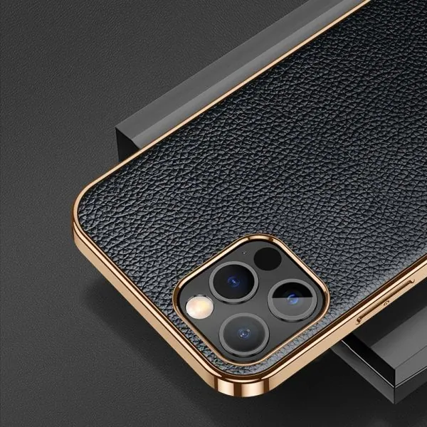 etui do iphone 14 pro eleganckie luksusowe skórzane czarne ze złotem