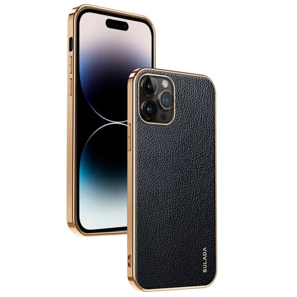 etui do iphone 14 pro eleganckie luksusowe skórzane czarne ze złotem