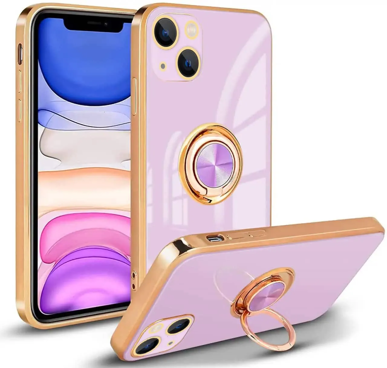 Etui do iPhone 14 Plus eleganckie, ze złotym, metalowym uchwytem i zdobieniami, osłona na aparat, fioletowo liliowe