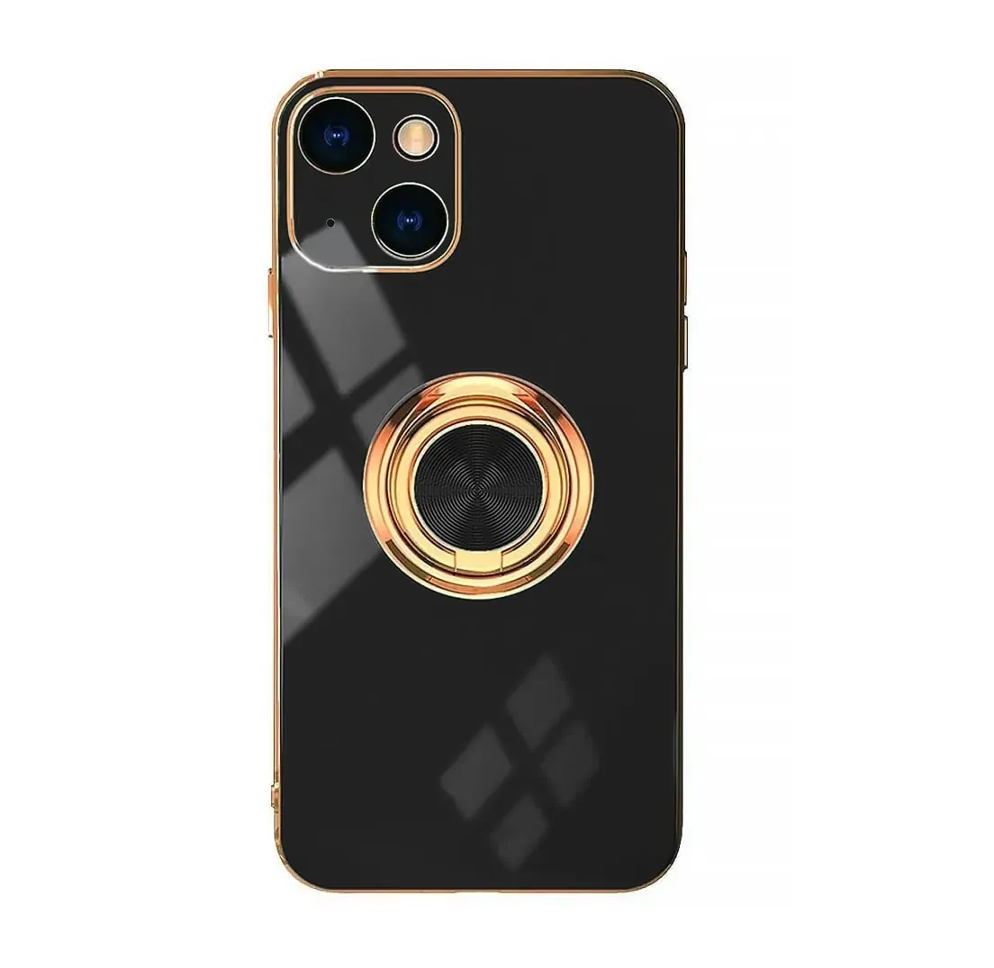 Etui do iPhone 13 eleganckie, ze złotym, metalowym uchwytem i zdobieniami, osłona na aparat, czarne