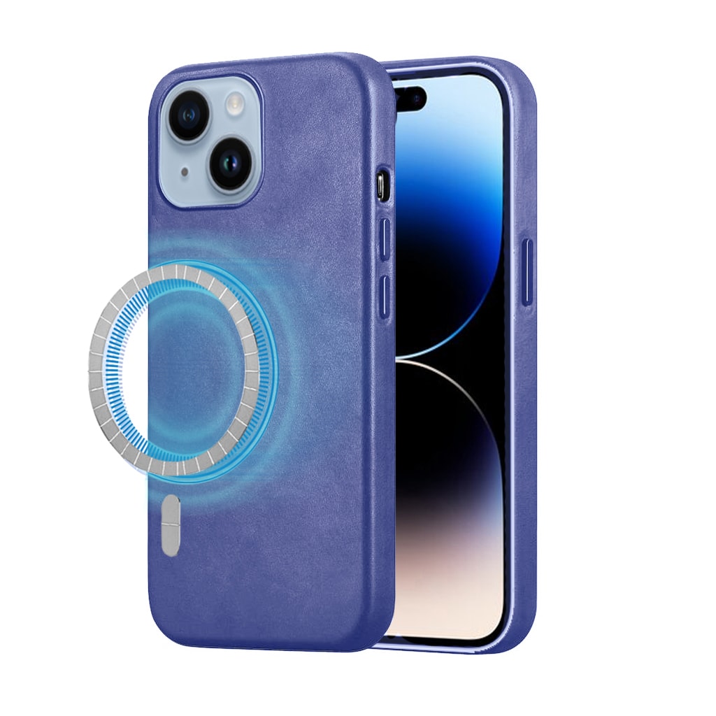 Etui do iPhone 14 Business Leather MagSafe wbudowany mocny magnes, trwałe, fioletowy niebieski