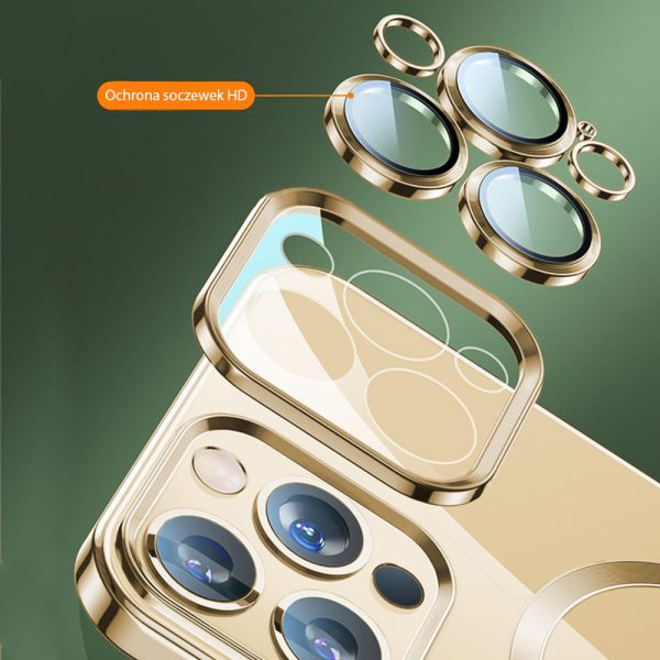 etui do iphone 14 pro magsafe luxury protect przeźroczyste, szklana ochrona kamery, złote
