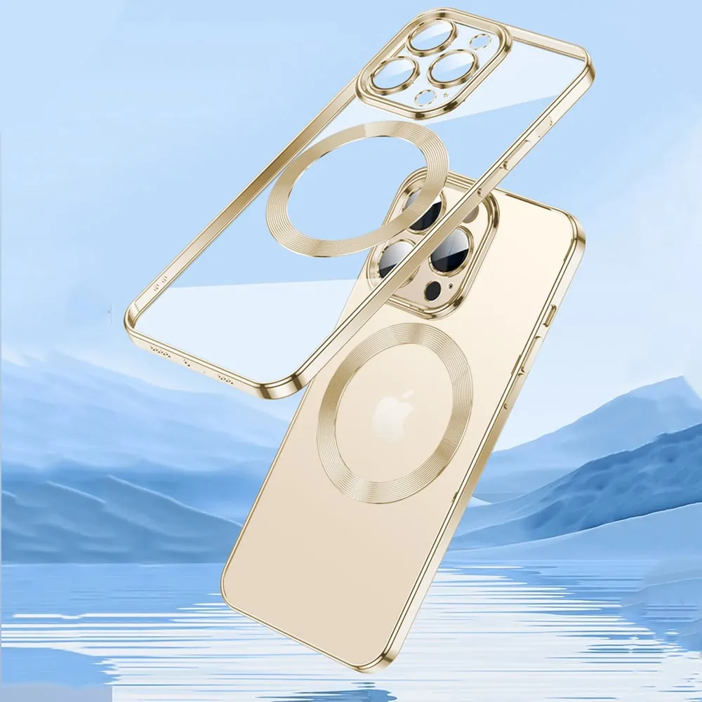 etui do iphone 14 pro magsafe luxury protect przeźroczyste, szklana ochrona kamery, złote