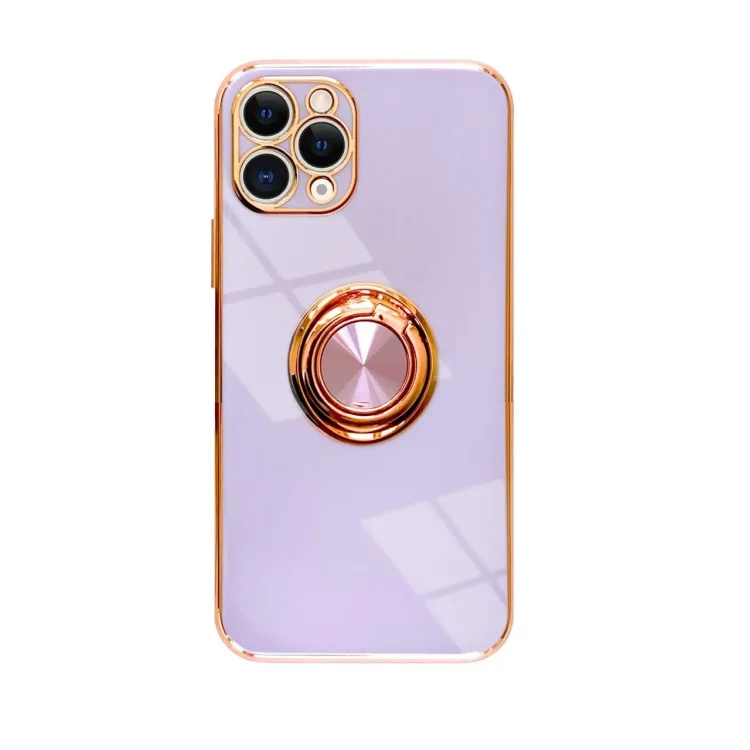 etui do iphone 12 pro eleganckie, ze złotym, metalowym uchwytem i zdobieniami, bez osłony na aparat, fioletowe liliowe