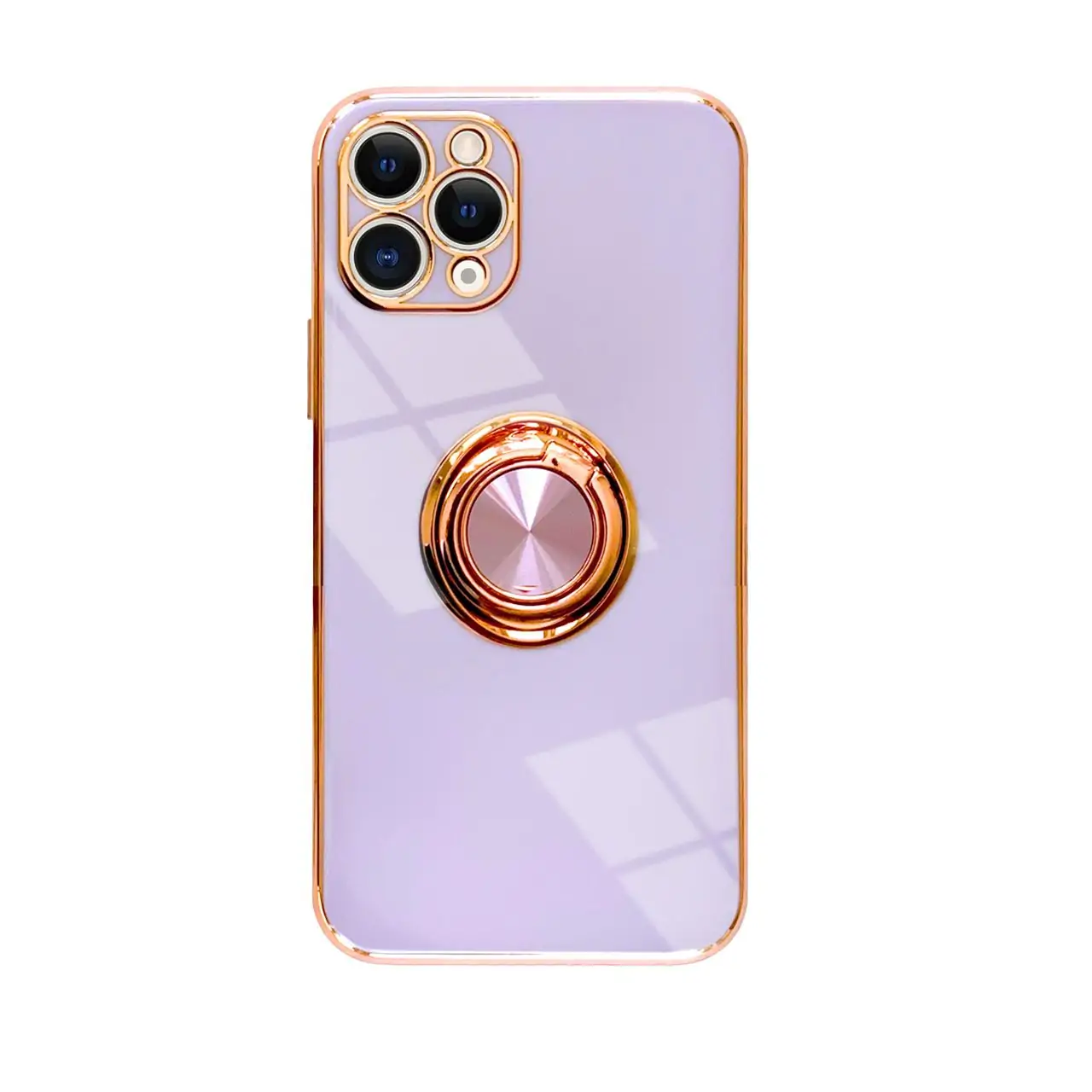 Etui do iPhone 12 Pro eleganckie, ze złotym, metalowym uchwytem i zdobieniami, bez osłony na aparat, fioletowe liliowe