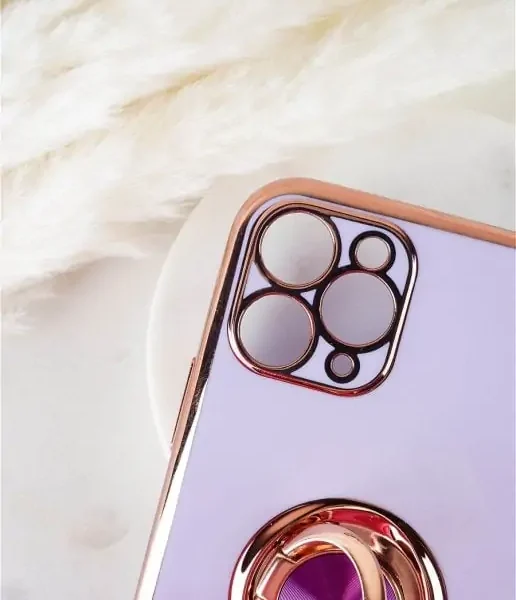 etui do iphone 12 pro eleganckie, ze złotym, metalowym uchwytem i zdobieniami, bez osłony na aparat, fioletowe liliowe