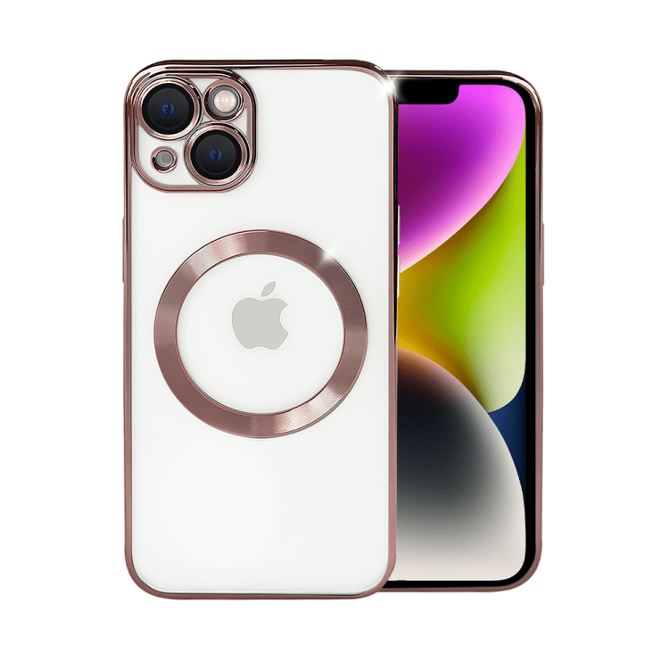 etui do iphone 14 magsafe luxury protect przeźroczyste, hybrydowa ochrona kamery, czerwone złoto, różowe złoto
