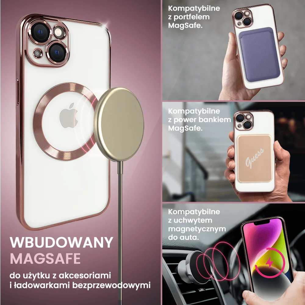 etui do iphone 14 magsafe luxury protect przeźroczyste, hybrydowa ochrona kamery, czerwone złoto, różowe złoto
