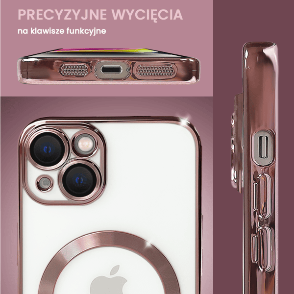 etui do iphone 14 magsafe luxury protect przeźroczyste, hybrydowa ochrona kamery, czerwone złoto, różowe złoto