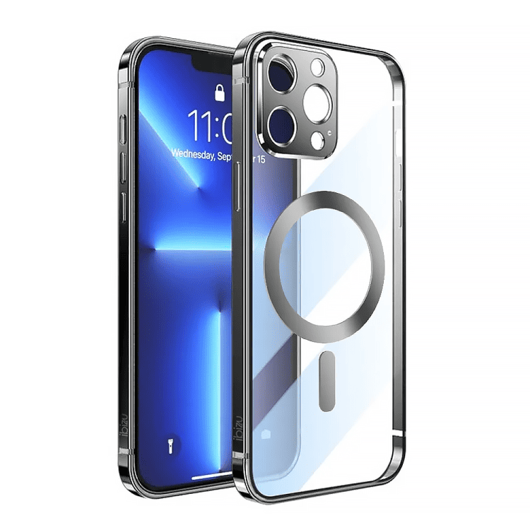 etui do iphone 14 pro ibizu elite skin ultra cienkie, krystalicznie czyste z metalową ramką, czarne z magsafe