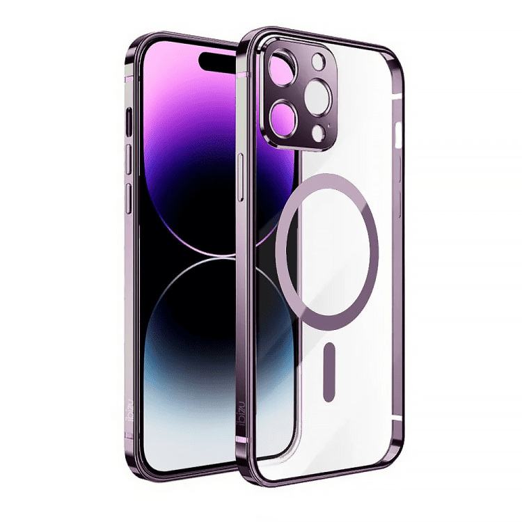 etui do iphone 14 pro ibizu elite skin ultra cienkie, krystalicznie czyste z metalową ramką, głęboka purpura z magsafe