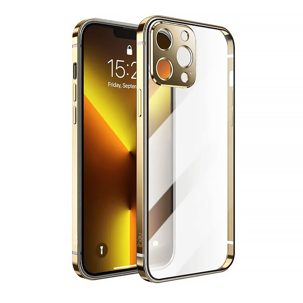 Etui do iPhone 13 Pro Ibizu Elite Skin, krystalicznie czyste z metalową ramką, złote