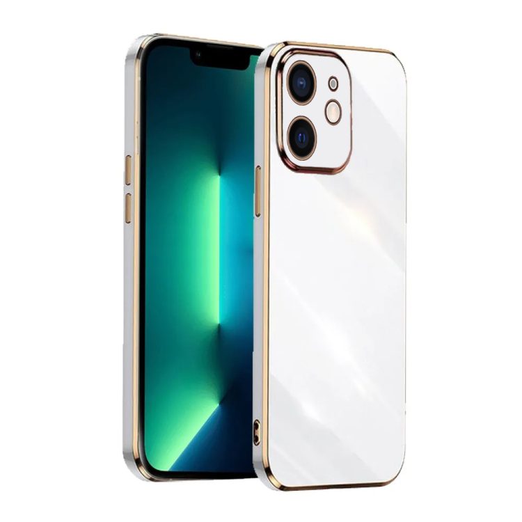 etui do iphone 12 luksusowe błyszczące ze złotą ramką i osłona na aparat, pudrowy róż (kopia)