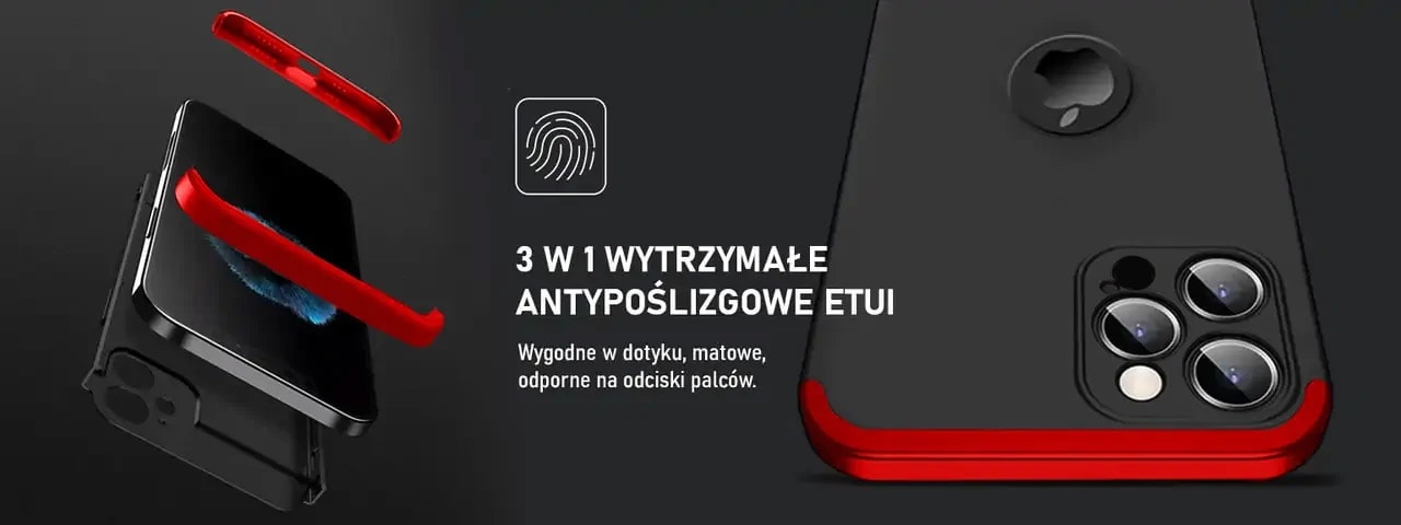 etui do iphone 12 mini matowe antypoślizgowe 3w1 z wycięciem na logo apple czarno czerwone (kopia)