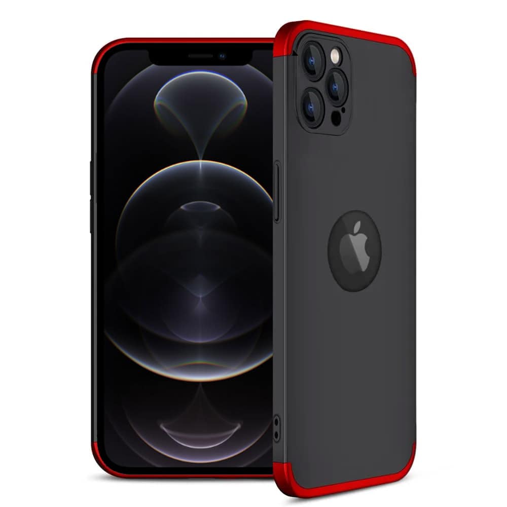 Etui do iPhone 12 Pro matowe antypoślizgowe 3w1 z wycięciem na logo Apple, czarno – czerwone