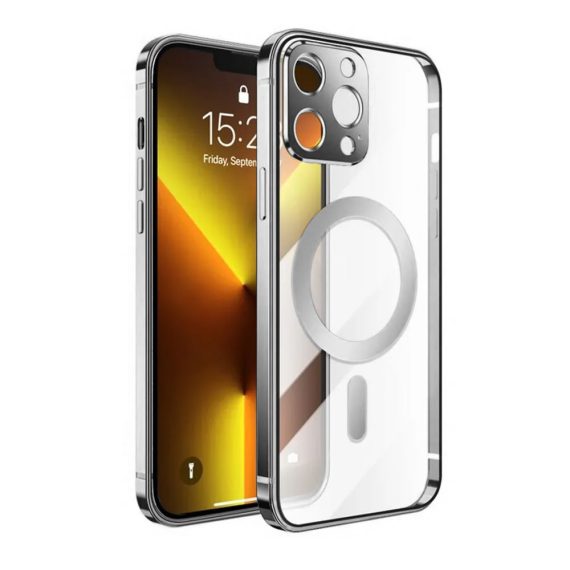 etui do iphone 13 pro gold elite skin ultra cienkie, krystalicznie czyste z metalową ramką, srebrne magsafe