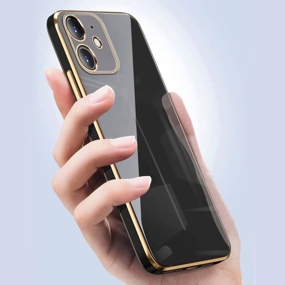 etui do iphone 13 pro luksusowe błyszczące ze złotą ramką i osłona na aparat, czarne (kopia)