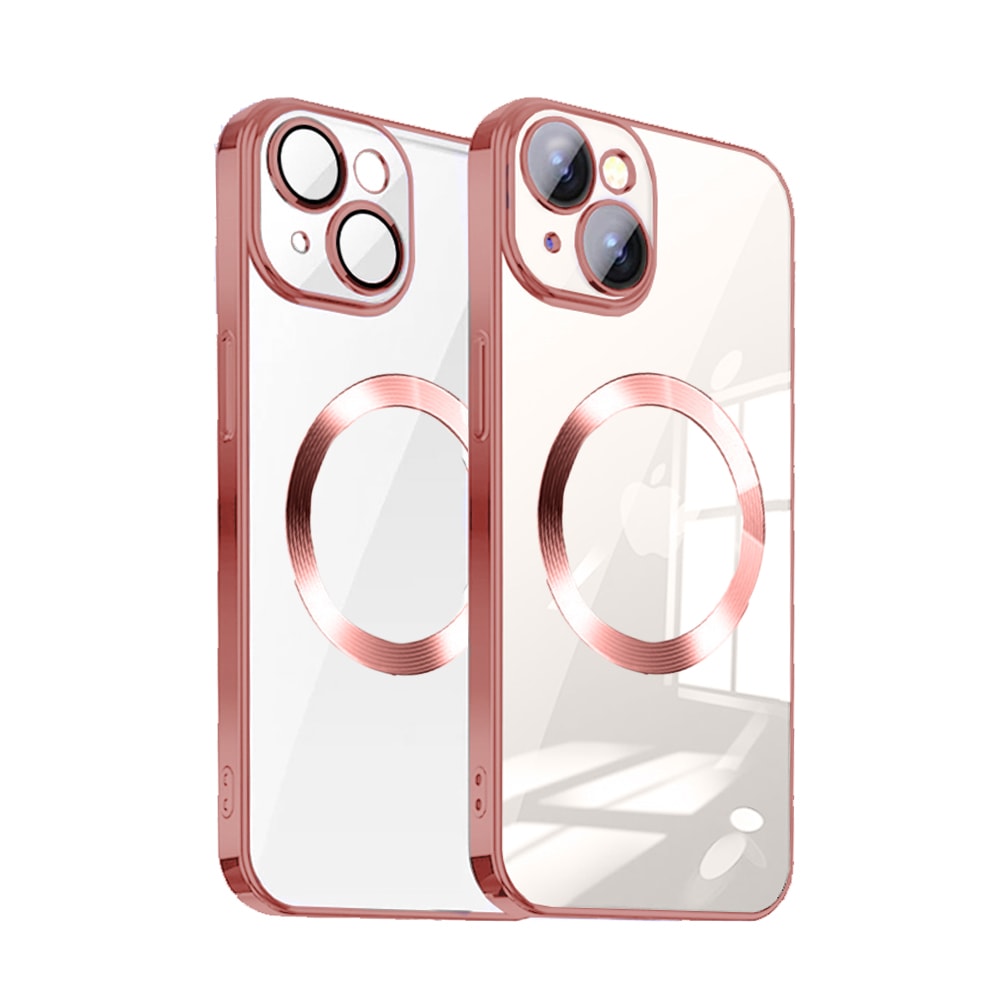 Etui do iPhone 14 MagSafe Luxury Protect przeźroczyste, szklana ochrona kamery, czerwone złoto, różowe złoto