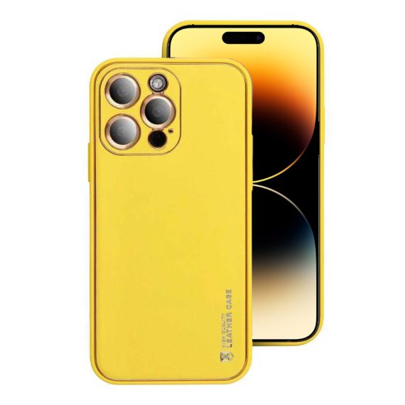 etui do iphone 14 pro max elegancka skóra z ochroną aparatu, szafranowy żółty