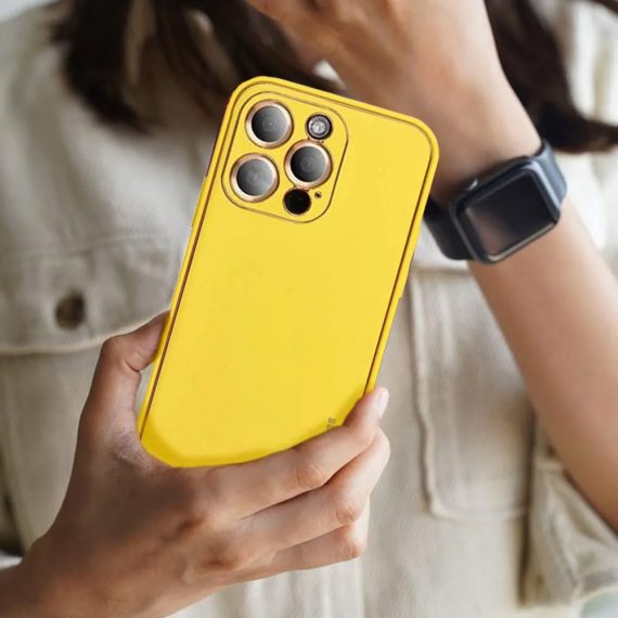 etui do iphone 14 pro max elegancka skóra z ochroną aparatu, szafranowy żółty
