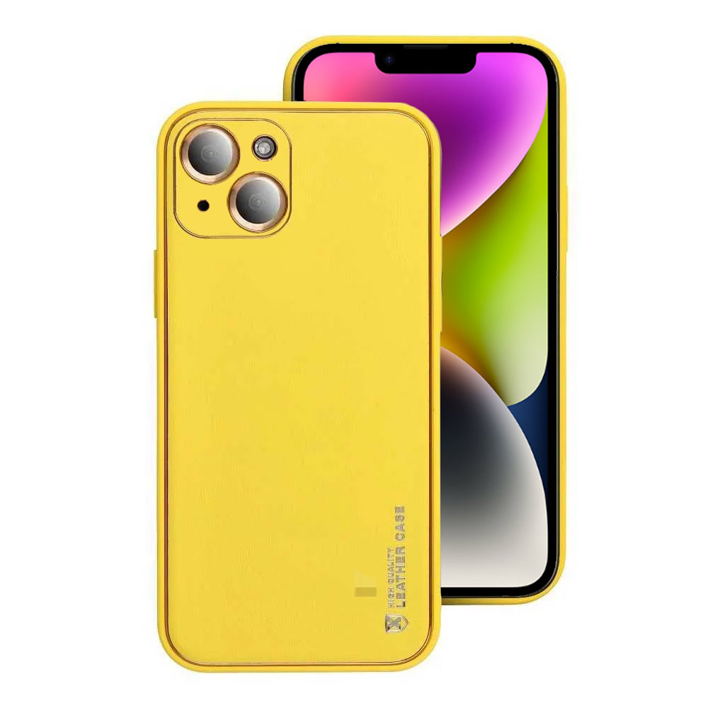 Etui do iPhone 14 elegancka skóra z ochroną aparatu, szafranowy żółty