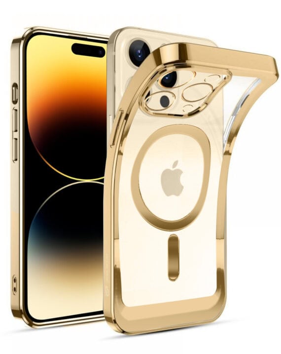 etui do iphone 14 pro max fashion golden magsafe z osłoną kamery, złote