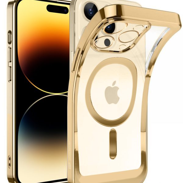 etui do iphone 14 pro max fashion golden magsafe z osłoną kamery, złote